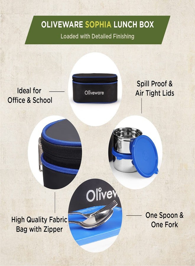 SOPL-OLIVEWARE علبة غداء صوفيا من أوليفوير، مع ملعقة وشوكة، مانعة للتسرب بنسبة 100%، 3 حاويات من الفولاذ المقاوم للصدأ بأغطية خالية من مادة BPA (550 مل، 350 مل، 350 مل)، حقيبة قماشية - أزرق - Image 3